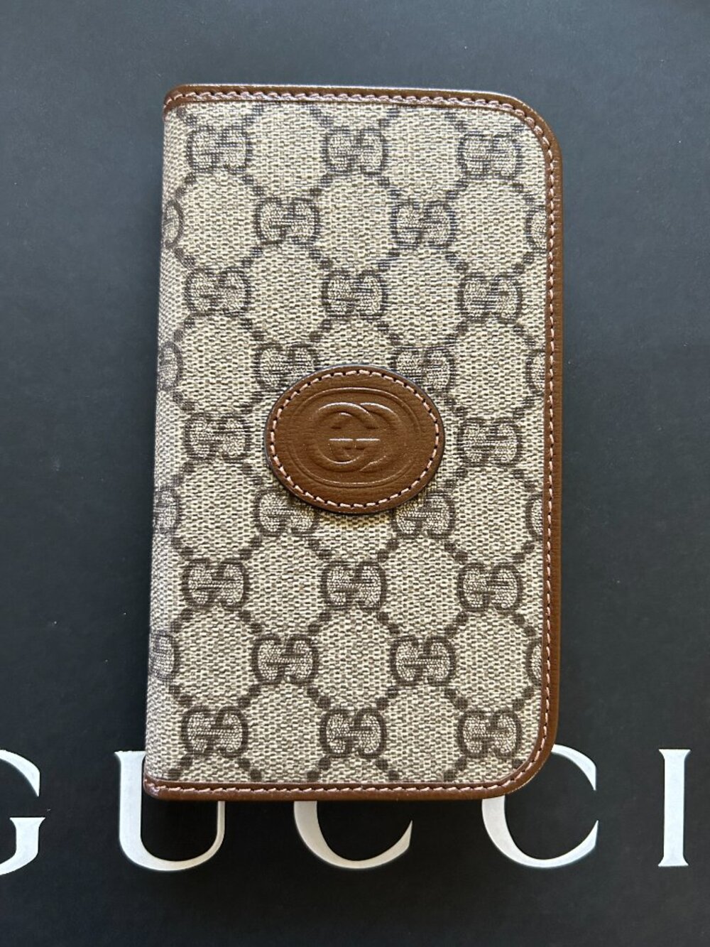 Gucci GG Supreme iPhone 15 Case Wallet Pouch Brown Leather Trim 760184 Authentic